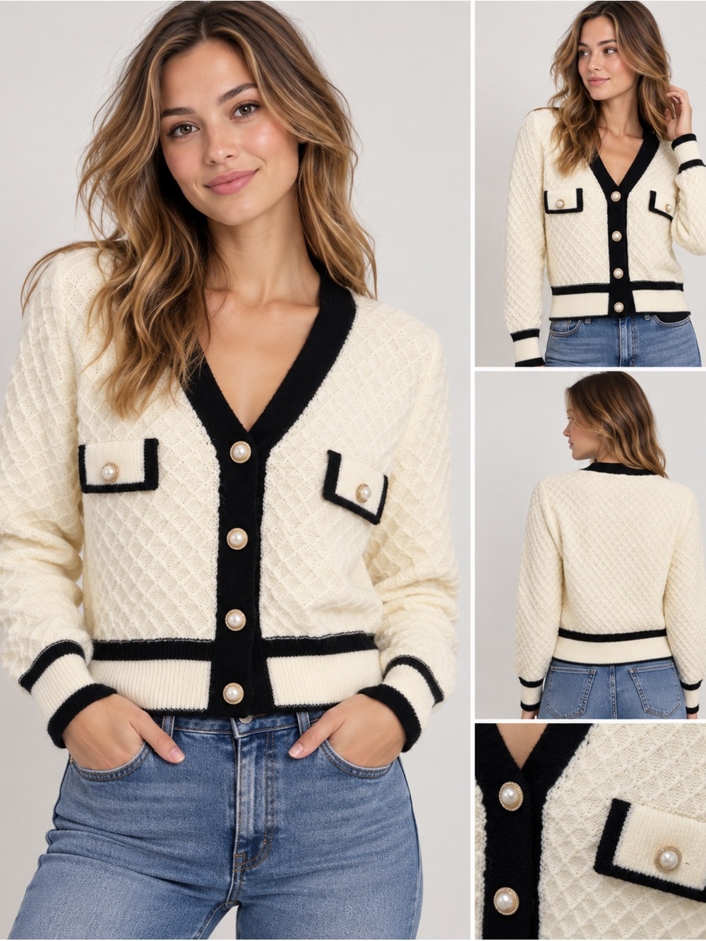 J.ING Cardigan Women L Ivory Black Contrast Trim Pearl Button Textured NWT